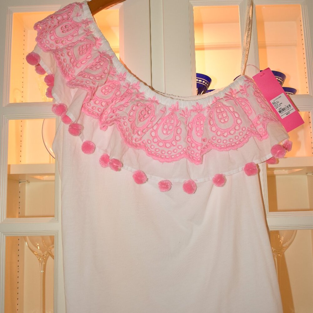 Lilly Pulitzer White Off-Shoulder Top with Pink Embroidery and Pom Poms